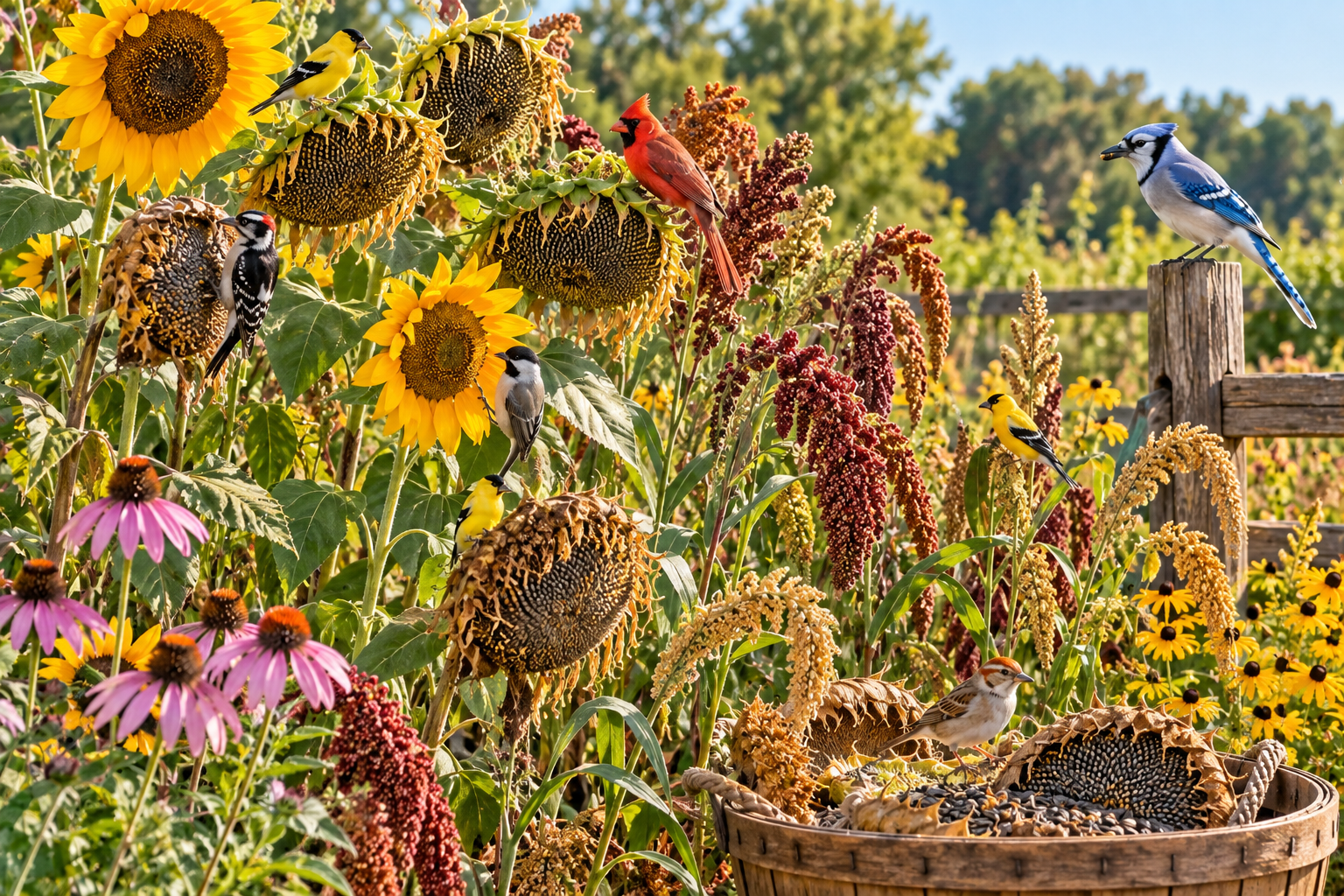 Backyard bird food garden with mature sunflowers, grains, seed heads and wild birds feeding naturally.
