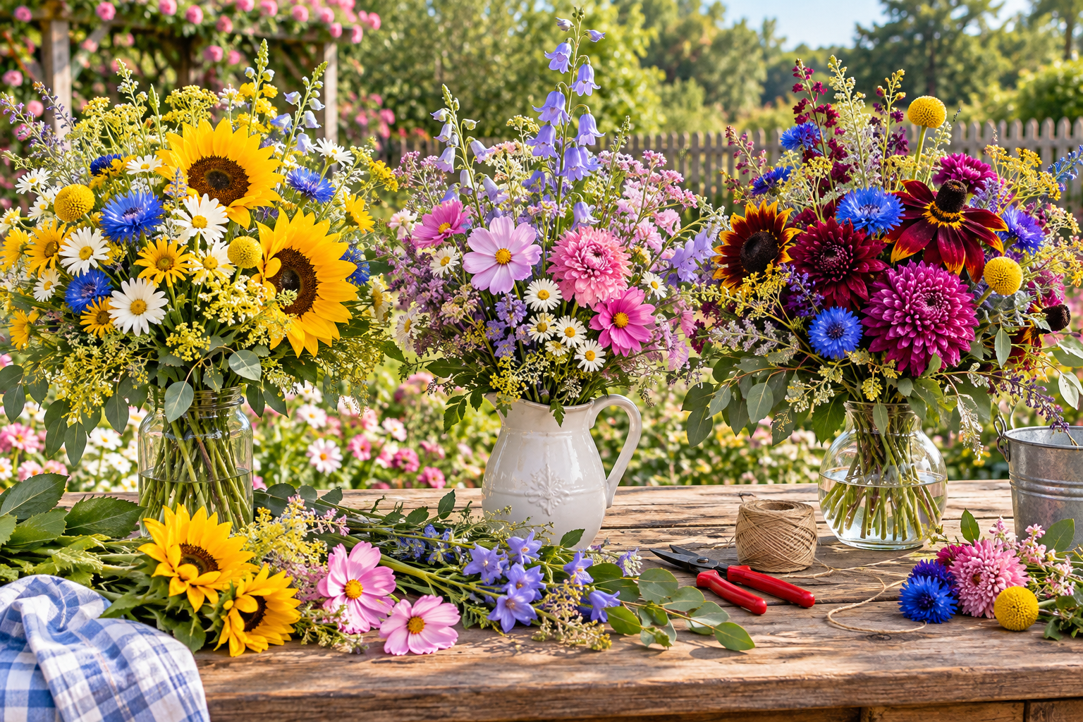 Three homegrown garden bouquets arranged on an outdoor flower arranging table.