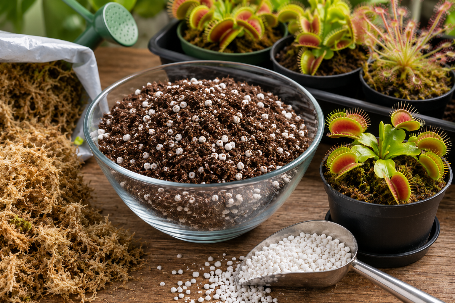 Homemade carnivorous plant potting mix made from peat moss and perlite for Venus Flytrap growing