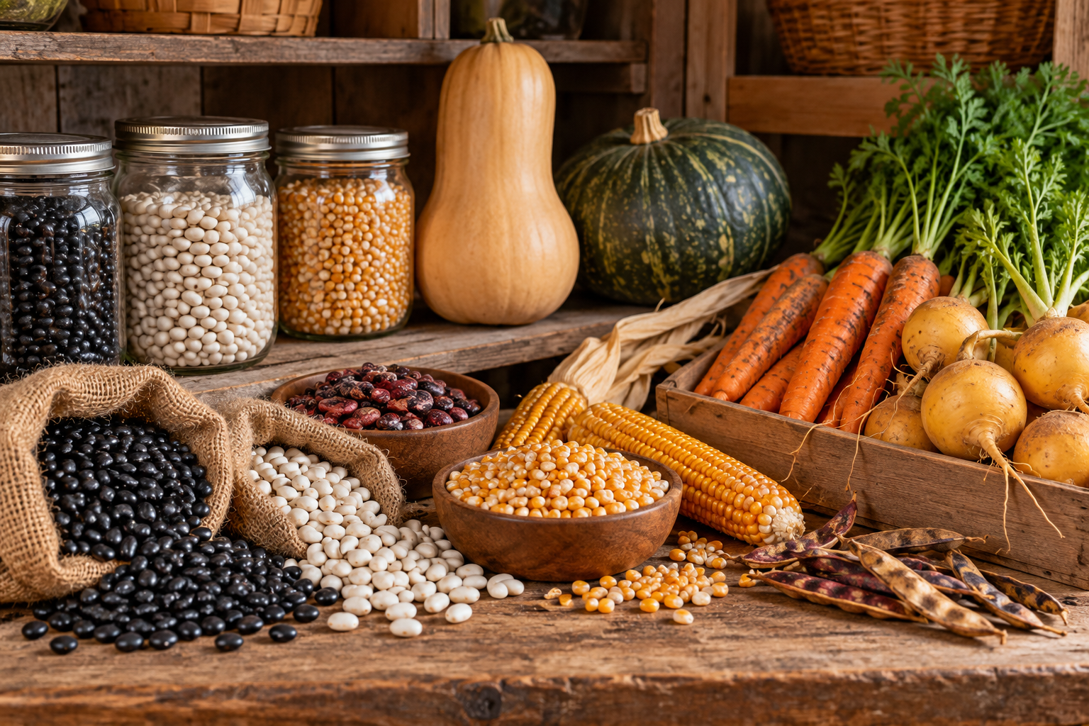 Homegrown pantry harvest with dried beans, popcorn, winter squash, carrots and turnips ready for storage.