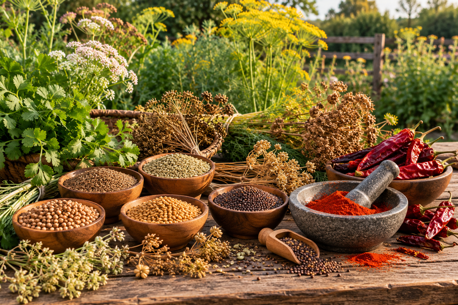Homegrown culinary spices, dried peppers, seed heads and mortar and pestle from a garden spice harvest.