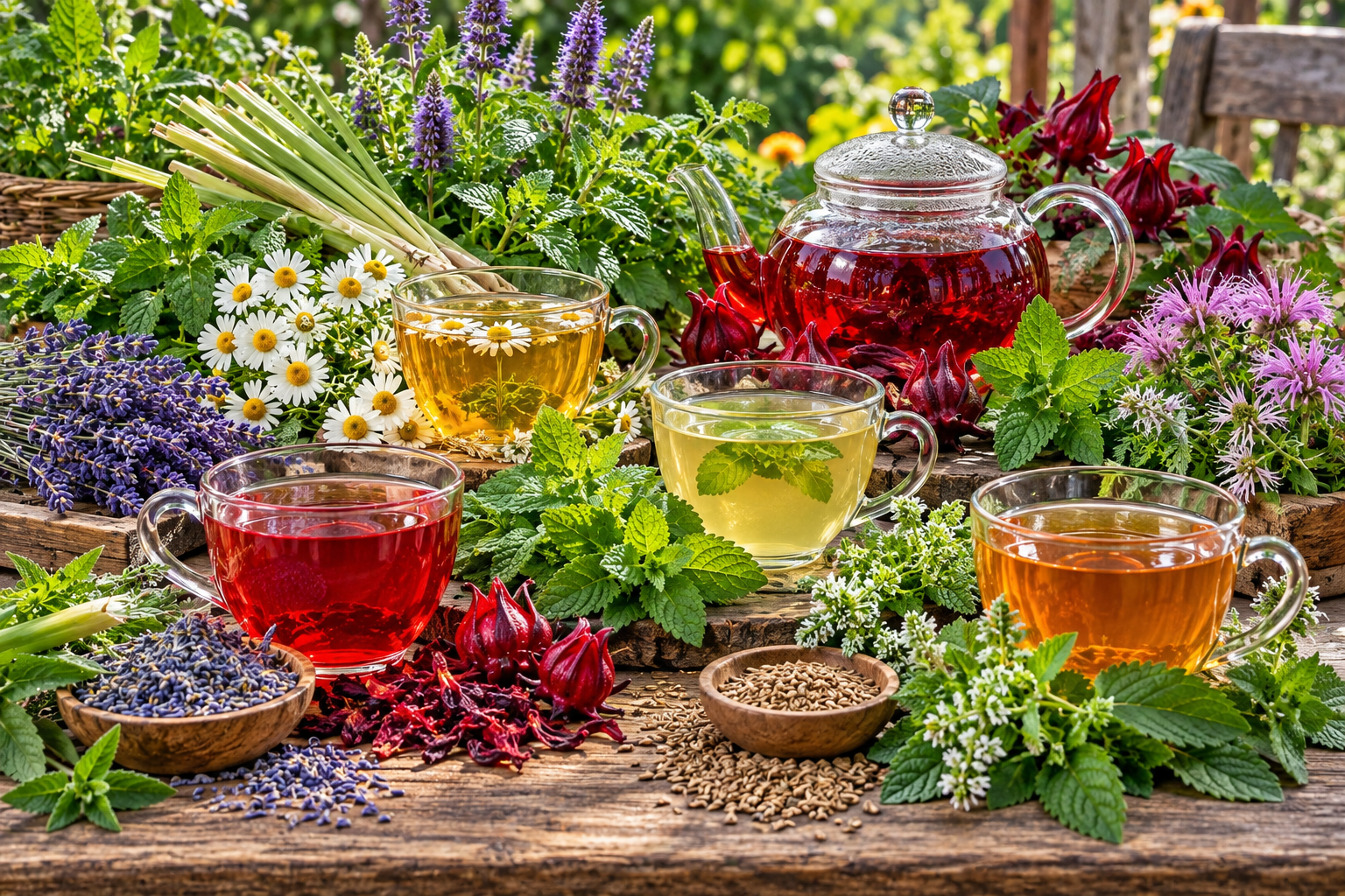Homegrown herbal teas with chamomile, mint, lemongrass, roselle, lavender and other tea garden herbs