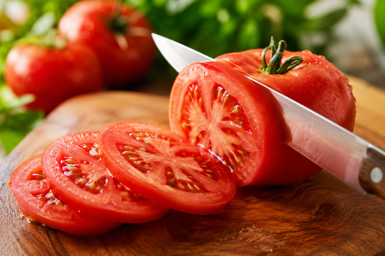 Slicing tomato plants with large ripe red tomatoes in a sunny vegetable garden