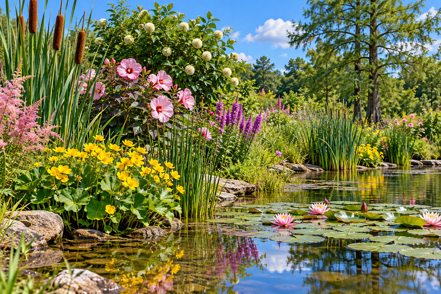 Natural pondside garden with flowering wetland plants, rushes, cattails and reflective water